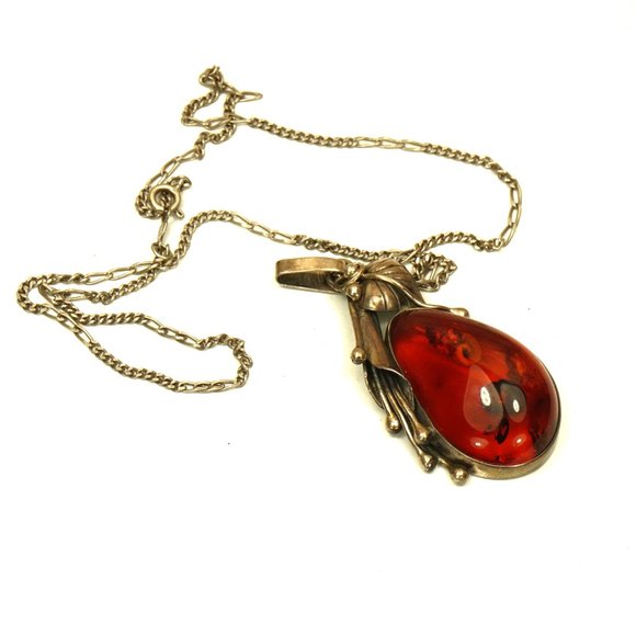 CALLA LILLY BIG AMBER and 925 SILVER PENDANT WITH 19 in STERLING CHAIN - Picture 7 of 10